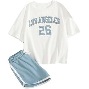Verdusa Girl's 2 Piece Letter Graphic Drop Shoulder Tee Biker Shorts Tracksuit Sets