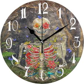 ALAZA Non-Ticking Silent Round Wall Clock, Sugar Skull Floral The Day of Dead Decor Clock for Home School Kitchen Bedroom Living Room
