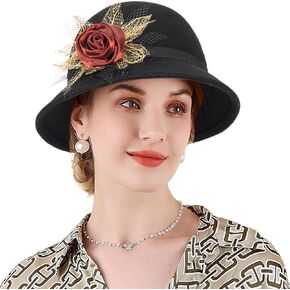 Womens Winter-Cloche-Hat 1920s Classic-Church-Dress Wool-Felt-Bucket-Hats with Flowers
