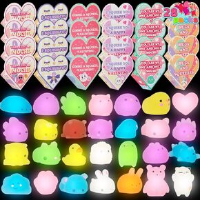 JOYIN 28 Packs Valentine Glow in The Dark Mochi squishy toy Party Favors with Valentine Heart Boxes for Kids Kawaii Classroom Exchange, Party Gifts Stress Relief Toys Valentine Classroom Prize