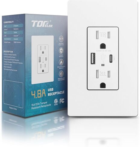 منفذ وعاء USB، منافذ شاحن حائط USB C/A عالية السرعة 4.8 أمبير، مقبس حائط مقاوم للعبث بقدرة 20 أمبير، لوحة حائط بدون براغي متضمنة، قائمة ETL، أبيض in Saudi Arabia