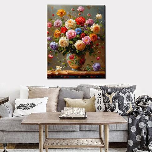 طلاء Tucocoo Lavender حسب الرقم للبالغين، مجموعات طلاء زيتي رقمي DIY على القماش مع فرش وصبغة أكريليك، نافذة ريفية تتفتح على شكل أزهار لديكور جدار المنزل 16 × 20 بوصة (بدون إطار) in Kuwait