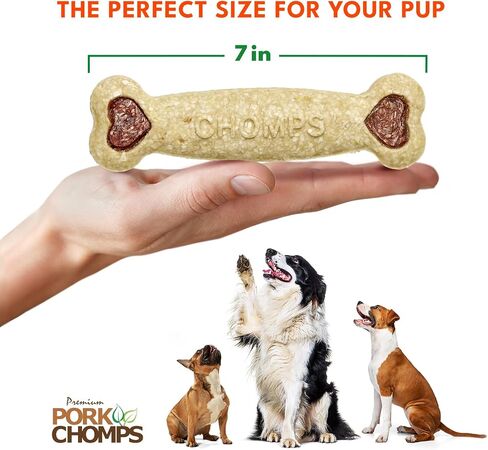 Pork Chomps Dog Chews, 4-inch Crunchy Bones, Bacon and Chicken Flavor, 12 Count in Kuwait