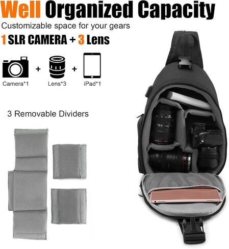 Cwatcun 2-in-1 Sling/Backpack, USB Camera Bag for DSLR/Mirrorless in Saudi Arabia