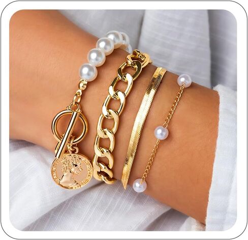 مجموعة سوار ربط سلسلة ذهبية 14 قيراط مطلية بالذهب عيار 14 قيراط قفل لؤلؤ الثعبان صورة كلاسيكية أنيقة وقابلة للتعديل ذات طبقات مشبك ورق للنساء والفتيات المراهقات in Kuwait