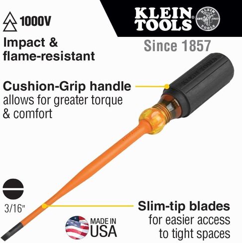 Klein Tools 6946INS 1000V Slim Tip Insulated Screwdriver, 6-Inch Round Shank, #2 Square Tip, Cushion Grip Handle in Saudi Arabia