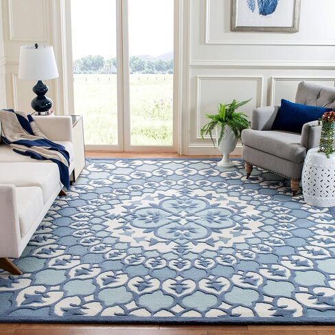 سجادة منطقة SAFAVIEH Bellagio Collection - 5' مستديرة، أزرق داكن وعاجي، صوف ميدالية مصنوع يدويًا، مثالية للمناطق ذات حركة المرور العالية في غرفة المعيشة وغرفة النوم (BLG610C) in Saudi Arabia