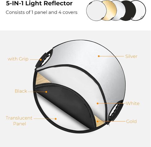 K&F CONCEPT 5-in-1 Light Reflector, 32"/80cm with Handle Grip & Bag | Collapsible Portable Photography Diffuser for Studio and Outdoor Lighting, Gold/Silver/White/Black/Translucent LE05 in Saudi Arabia