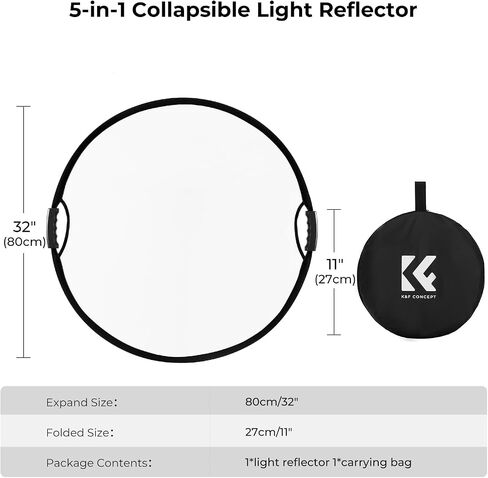 K&F CONCEPT 5-in-1 Light Reflector, 32"/80cm with Handle Grip & Bag | Collapsible Portable Photography Diffuser for Studio and Outdoor Lighting, Gold/Silver/White/Black/Translucent LE05 in Saudi Arabia
