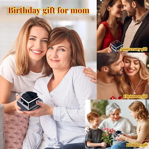 صندوق هدايا من الزهور الحقيقية المحفوظة من SereneLane هدايا مجوهرات على شكل زهرة أبدية للأبد للزوجين من الدرجة الأربعة المخالب المربعة لعيد الحب لعيد الأم للنساء (أسود) in Kuwait