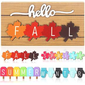 5 Pcs Interchangeable Seasonal Sign Hello Fall Winter Spring Summer Sign 5.9 x 3 Inch Wooden Maple Leaf Table Decor 4 Seasons Farmhouse Table Centerpiece Decoration for Home Dining Room (Basic)