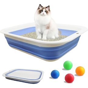 MUYG Collapsible Cat Litter Box,Open Potty Pan Cat Toilet Foldable Portable Cats Litter Box Travel Litter with Scoop,Waterproof Low Entrance for Kitten and Cat Toilet Easy Clean 17.7"×13.4"x4.9"(Grey)