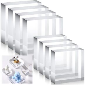 Vicenpal 8 Pieces 3 x 3 x 1 Inch Acrylic Square Display Block Clear Polished Cube Jewelry Stand Solid Acrylic Pedestal Stand Crystal Ring Showcase Display Holder Display Base for Riser