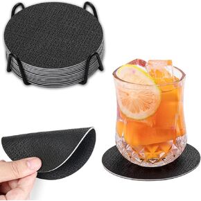 Coasters for Drinks, 12 Pcs Drink Coasters with Holder, Dual Sided Coasters Non-Slip Washable Coasters for Coffee Tabletop Protection Faux Leather Cup Coasters (Gray Black)