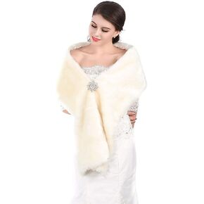 GORAIS Women's Wedding Faux Fur Shawls and Wraps Long Bridal Fur Scarf Stoles with Brooch for Bride and Bridesmaids in Kuwait