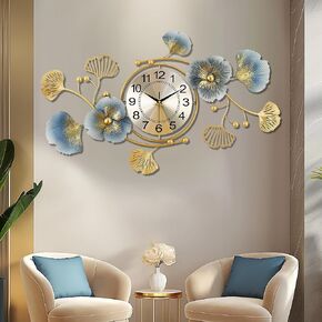 Lafocuse 37 * 14 Inch Metal Unique Luxury Ginkgo Leaf Wall Clock Battery Operated, Silent Mordern Art Deco Large Blue and Gold Wall Clocks, Wall Decor for Living Room Kitchen Office