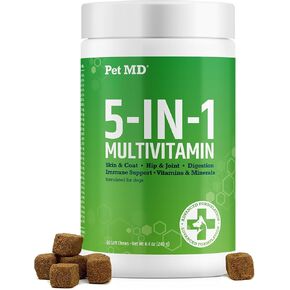 Pet MD 5in1 Dog Multivitamin - 30 Essential Vitamins, Minerals & Nutrients for Skin & Coat, Hip & Joint, Digestion, Immune & Senior Dog Vitamins - Glucosamine, Omega 3 6 9, & Probiotics - 120 ct