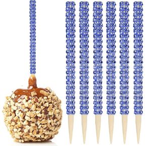32 PCS Bling Candy Apple Bamboo Sticks,Caramel Apple Wooden Pointed Skewers with Rhinestones Diamond Mesh Wrap,Fruit Treats Pop Dec Bar for Dessert Table Tea Party Birthday Wedding (Blue)