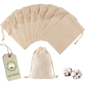 Greenmile 24 Pieces Organic Cotton Muslin Bags 4x6 Inch - Small Bulk Muslin Bags With Drawstring - Cloth Drawstring Bags for DIY Craft, Home Decor, Spices, Tea, Gift Sachet, Soap, Candy, Party Favours