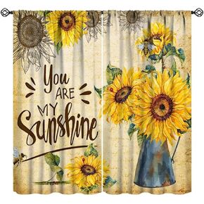 Vintage Sunflower Kitchen Curtains, Rustic Farmhouse Wooden Yellow Floral Plant Hummingbird Print Window Treatments for Cafe Living Room Bedroom 42x45 Inch