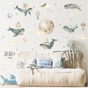 Vintage Airplane Wall Decals Cartoon Aircraft Balloon Animal Wall Stickers Moon Star Cloud Fabric Wall Stickers Cute Helicopter Watercolor Plane Wall Decals for Boys Room Kids Bedroom Nursery Decor