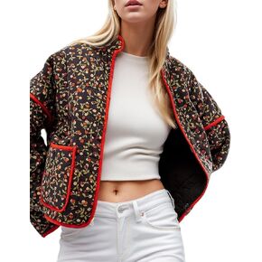 Yimoon Women's Cropped Puffer Quilted Jacket Vintage Floral Print Open Front Lightweight Short Jacket Outwear in Kuwait