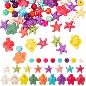 arricraft about 227 Pcs Ocean Sea Theme Turquoise Beads, 3 Styles 2 Colors Assorted Turtle & Starfish & Round Beads Dyed Animal Stone Strand Beads Charms for Earrings Necklace Making