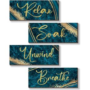 ONIZHITY 4 Pcs Green and Gold Bathroom Decor Green Gold Wall Decor Relax Soak Unwind Breathe Wooden Rustic Marble Style Bathroom Accessories for Bedroom Living Room Office Kitchen(Green Gold 10X4)