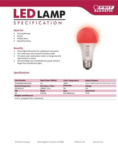 لمبة إضاءة LED متغيرة الألوان من Feit - A19 مع لمبة إضاءة متوسطة القاعدة E26 - ما يعادل 60 وات - عمر 15 عامًا in Saudi Arabia