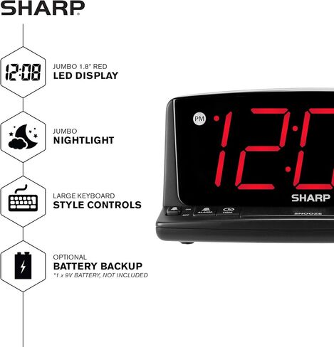 ساعة منبه رقمية SHARP LED - تشغيل بسيط - من السهل رؤية أرقام كبيرة، ضوء ليلي مدمج، منبه بصوت عالٍ مع قيلولة بعد الظهر، شاشة عرض رقمية كبيرة ساطعة باللون الأحمر in Kuwait