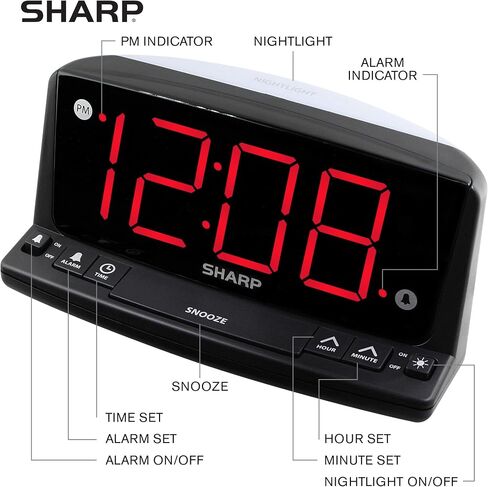 ساعة منبه رقمية SHARP LED - تشغيل بسيط - من السهل رؤية أرقام كبيرة، ضوء ليلي مدمج، منبه بصوت عالٍ مع قيلولة بعد الظهر، شاشة عرض رقمية كبيرة ساطعة باللون الأحمر in Kuwait