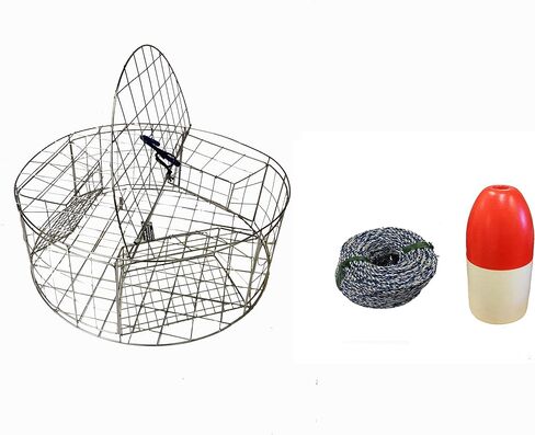 KUFAKUFA مصيدة سرطان البحر المستديرة المصنوعة من الفولاذ المقاوم للصدأ مع زنك الأنود المضحي وحبل الرصاص 1/4 × 100 بوصة، عوامة حمراء/بيضاء مقاس 35.56 سم، حزام الأمان، الفرجار، مجموعة حقيبة الطعم (CT120+CAQ3+ZIN1) in Kuwait