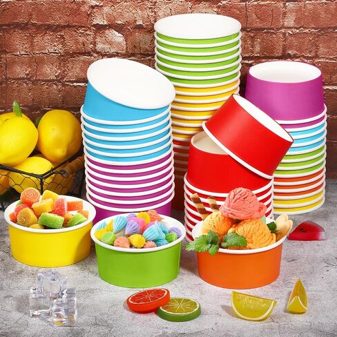 Aodaer 60 Pack Disposable Paper Ice Cream Cups 8 oz Paper Ice Cream Bowls Containers Colored Snack Soup Dessert Bowls for Hot or Cold Food Party Supplies Treat Cups Serving Sundae, Frozen Yogurt, Soup in Saudi Arabia