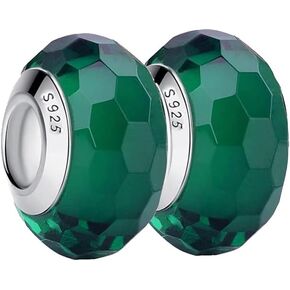2Pcs Murano Charms for Pandora Bracelets 925 Sterling Silver Charms for Bracelets Green Glass Beads Jewelry(with Gift Pouch)