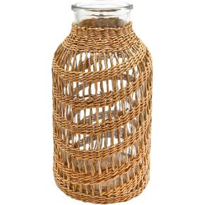 Rustic Boho Glass Bottle Flower Vase with Rope Net Decoration Flower Vase with Rattan Cover Farmhouse Flower Bud Vase Round Decor (S)