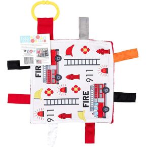 Baby Sensory Crinkle & Teething Square Lovey Toy with Closed Ribbon Tags for Increased Stimulation: 8"X8" (Firefighter)