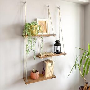Hanging Shelves for Wall - Boho Room Decor Aesthetic - Hanging Plant Shelf Decor - Floating Shelves for Room Wall - Rope Shelves for Bedroom Aesthetic, Boho Decor Wall Hanging Shelves for Living Room