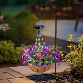 Solar Artificial Hanging Baskets: Lighted Fake Flowers Basket with RGB Solar Lights for Outdoors - 10 Inch Outside Faux Plant Baskets with Silk Colorful Realistic Petunias for Porch Garden Decor