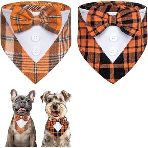 cyeollo 2 Pack Dog Halloween Tuxedo Bandanas with Bowtie, Plaid Dog Tux Collar Puppy Costumes Thanksgiving Day Outfit for Small Dogs Cats, Orange XXS