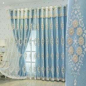 Amidoudou 1 Pair European Double Layer Curtains with Valance for Living Room Bedroom 3D Flower Embroidered Curtains (Grey,51x84 Inch)