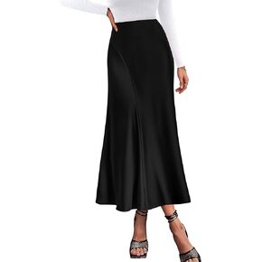 KIRUNDO Women's Elegant Long Satin Skirt Dressy Casual High Waisted Silk Flowy A Line Flared Party Cocktail Midi Skirts in Kuwait