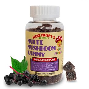 Mini Mushy's Organic Immune Support Daily Gummies | Turkey Tail, Reishi, Chaga Mushrooms, Elderberry | for Kids Ages 2+ Natural Color, Allergy Friendly, Low Sugar | Strawberry Flavor - 30 Count