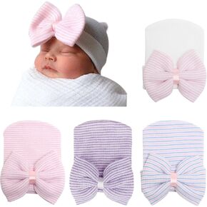 AQOKKA 4 Pack Newborn Hospital Hat Infant Baby Hat Cap with Big Bows Soft Cute Knot Nursery Toddler Beanie