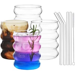 ALINK 16 oz Wave Design Borosilicate Glass Drinking Cup Set of 4 with Straws for Coffee, Tea, Soda and Juices