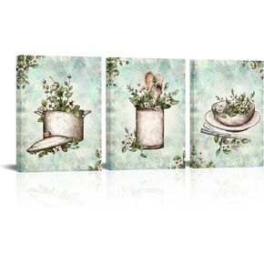 sechars Vintage Kitchen Wall Art Canvas Farmhouse Kitchenware Painting Prints Retro Utensils with Flower Pictures Arkwork Dining Room Decor (Brown)