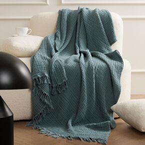 ENJOYBRIDAL Cyan Blue Couch Covers Soft Universal Couch Slipcover Boho Farmhouse Sectional Cover Tassel 4 Layer Washed Cotton Futon Couch Cover Washable Multi Function Couch Cover Blanket