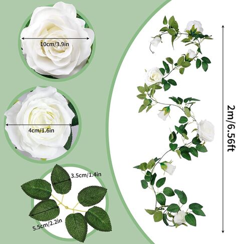 cocoboo 26.2ft 4pcs إكليل الورد الأبيض، فاينز الزهور الاصطناعية، إكليل الورد الأبيض الحريري وهمية، إكليل الزهور المعلقة لحفل زفاف قوس المنزل والحديقة في الهواء الطلق ديكورات الحائط in Kuwait