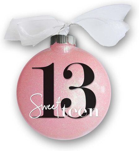 13 Official Teenager Christmas Ornament, 13th Birthday Gift for Teen Boy or Girl, Turning Thirteen Years Old Keepsake, Sparkly Glittered Bauble with White Organza Bow in Saudi Arabia