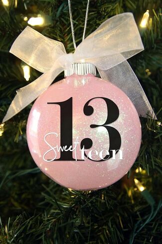 13 Official Teenager Christmas Ornament, 13th Birthday Gift for Teen Boy or Girl, Turning Thirteen Years Old Keepsake, Sparkly Glittered Bauble with White Organza Bow in Saudi Arabia