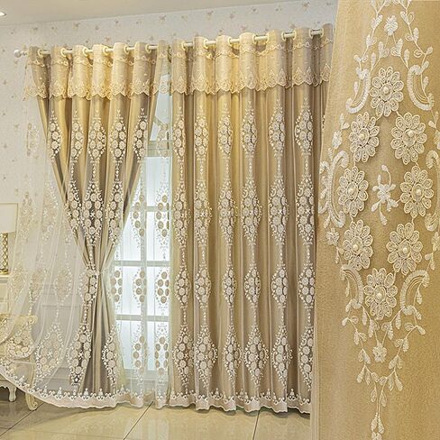 Amidoudou 1 Pair European Double Layer Curtains with Valance for Living Room Bedroom 3D Flower Embroidered Curtains (Grey,51x84 Inch) in Saudi Arabia